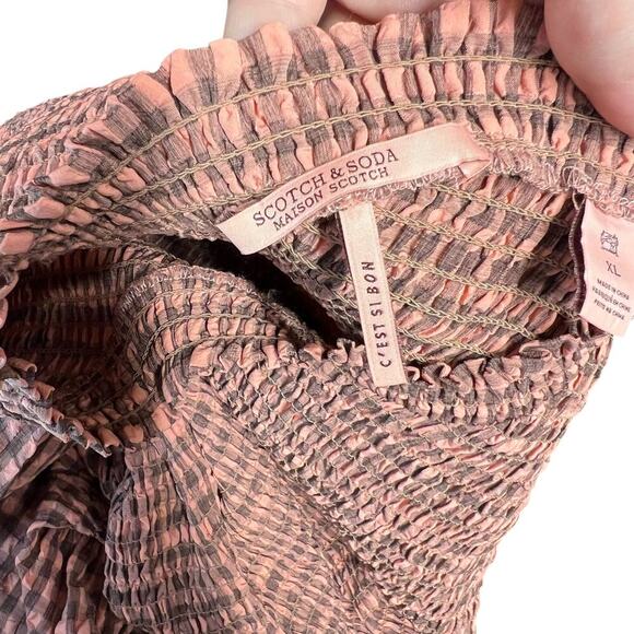 Scotch & Soda Smocked Seersucker Plaid Midi Dress Coral Pink‎ Size XL - Picture 13 of 15
